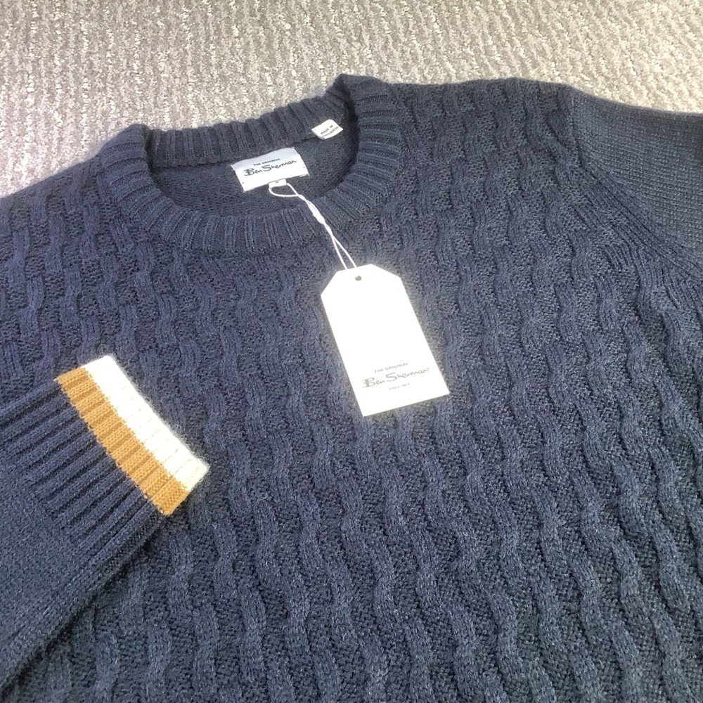 Ben Sherman Mens Dark Navy Crew Neck Textured Knit Sweater Size M Wool Blend NWT
